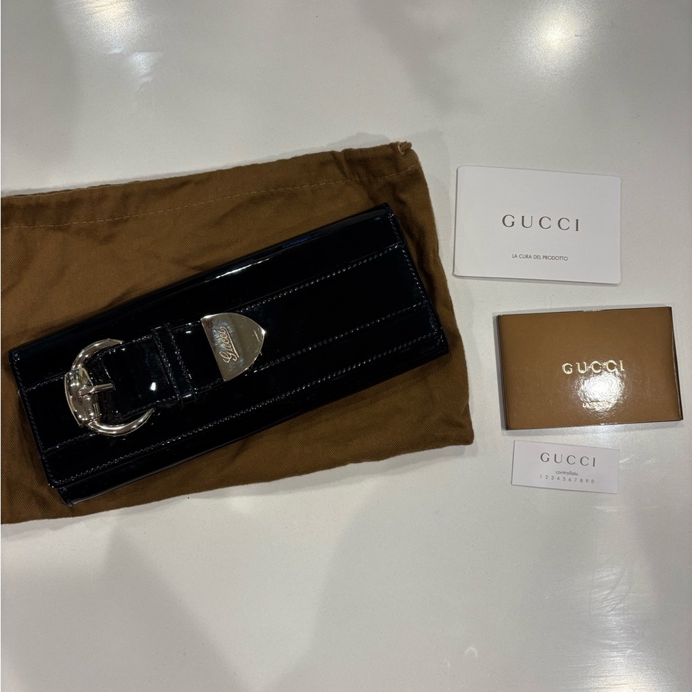 Gucci Black Patent Leather Clutch wallet or add a chain purse Italy buckle gold